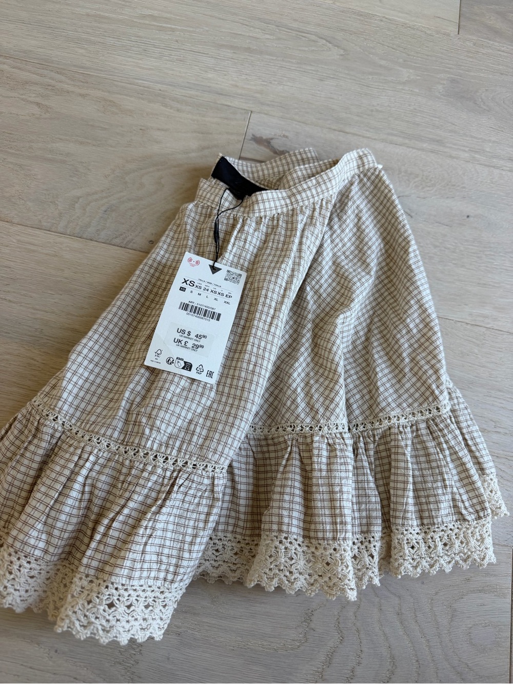 ZARA Light Beige Gingham Ruffled Cotton Skirt XS - Picture 2 of 2